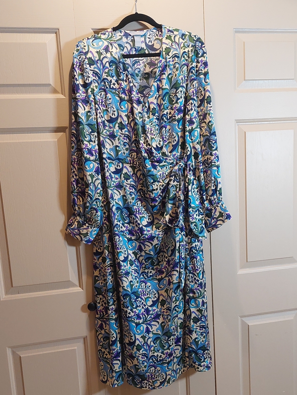 H&M Blue Teal & Purple Floral Long-Sleeve Wrap Dress